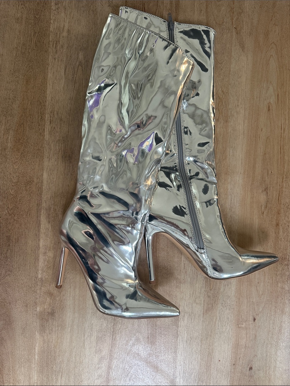 Metallic Silver Stiletto Knee-High Boots